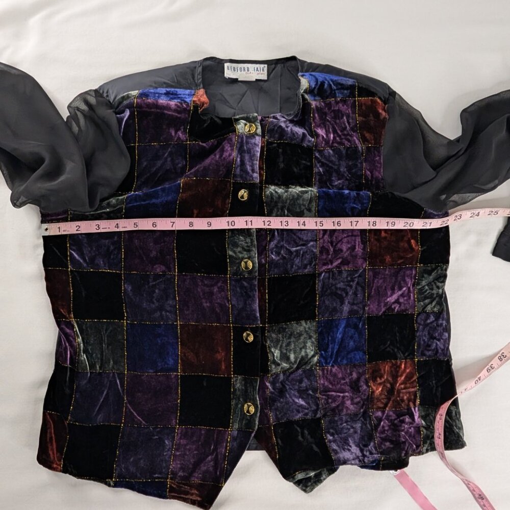 Vtg Patterned Checkered Velvet Button Up Black Sh… - image 5